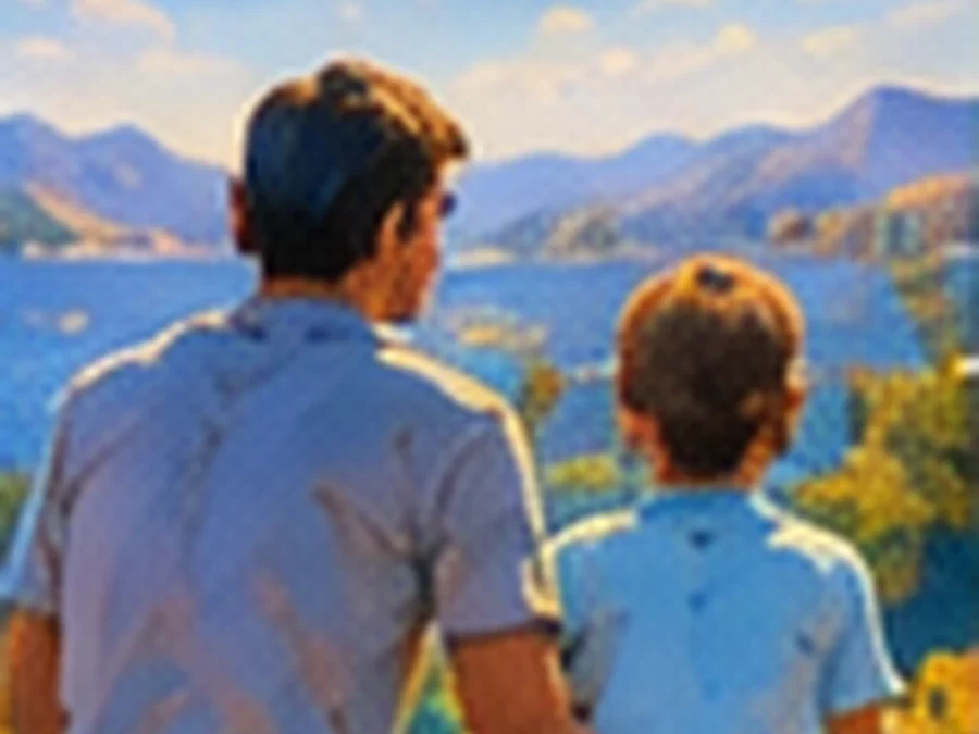 Père et fils de dos assis côte à côte face aux montagnes, aider moins pour soutenir mieux son enfant joueur