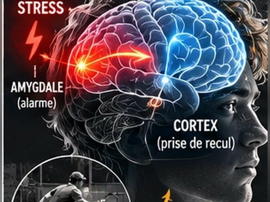 Profil avec cerveau lumineux, amygdale et cortex sous stress, pourquoi les anciens schémas reviennent sous pression