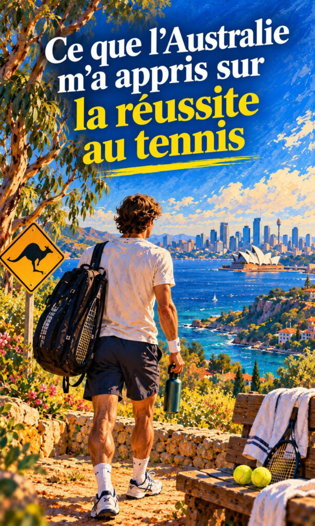 Joueur de tennis de dos avec son sac devant une baie, ce que l’Australie m’a appris sur la réussite au tennis
