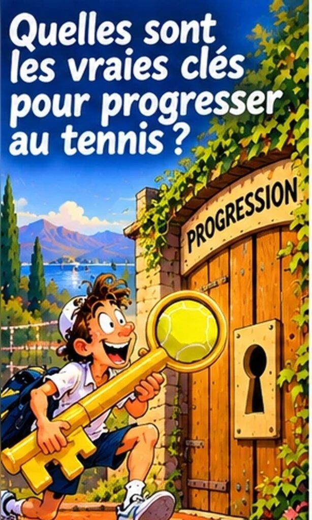 Joueur cartoon avec une grosse clé devant une porte marquée progression, les vraies clés pour progresser au tennis