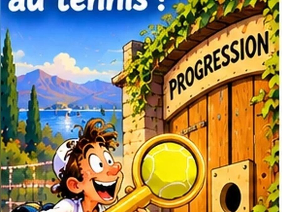 Joueur cartoon avec une grosse clé devant une porte marquée progression, les vraies clés pour progresser au tennis