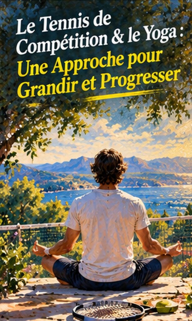 Joueur de tennis de dos face à un lac et des montagnes, tennis de compétition et yoga pour grandir et progresser