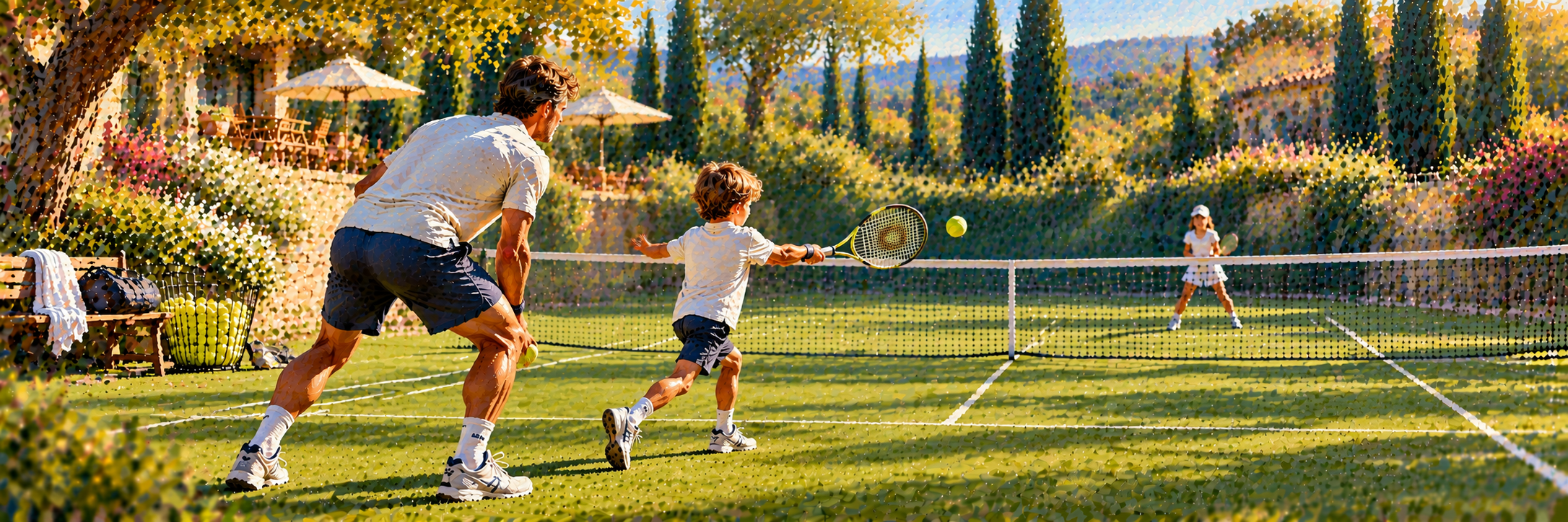 Cours de tennis pour enfant : un enfant apprend le tennis avec son entraîneur dans une ambiance joyeuse