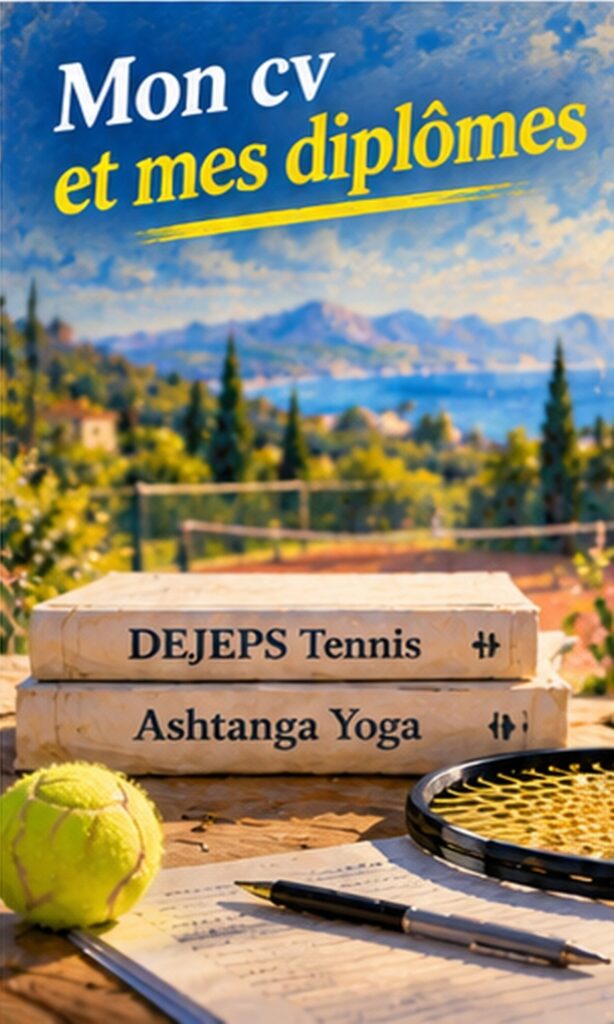 Livres DEJEPS Tennis et Ashtanga Yoga, balle de tennis et stylo, le CV et les diplômes de Mathieu Coulon