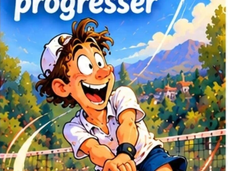 Joueur cartoon joyeux qui frappe une balle sur un court, débuter au tennis et comprendre ce qui fait progresser