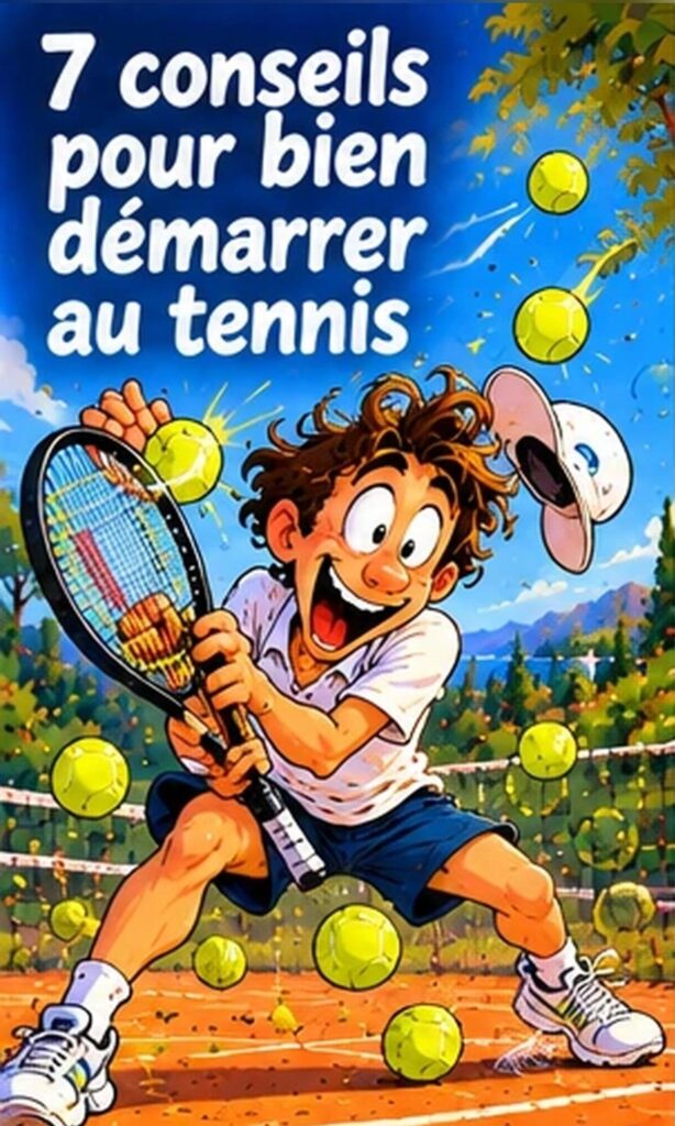 Joueur cartoon qui frappe une balle entouré de balles jaunes, 7 conseils pour bien démarrer au tennis