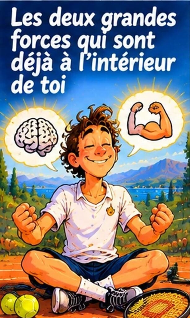 Joueur cartoon assis en tailleur avec un cerveau et un biceps, les deux grandes forces à l’intérieur de toi