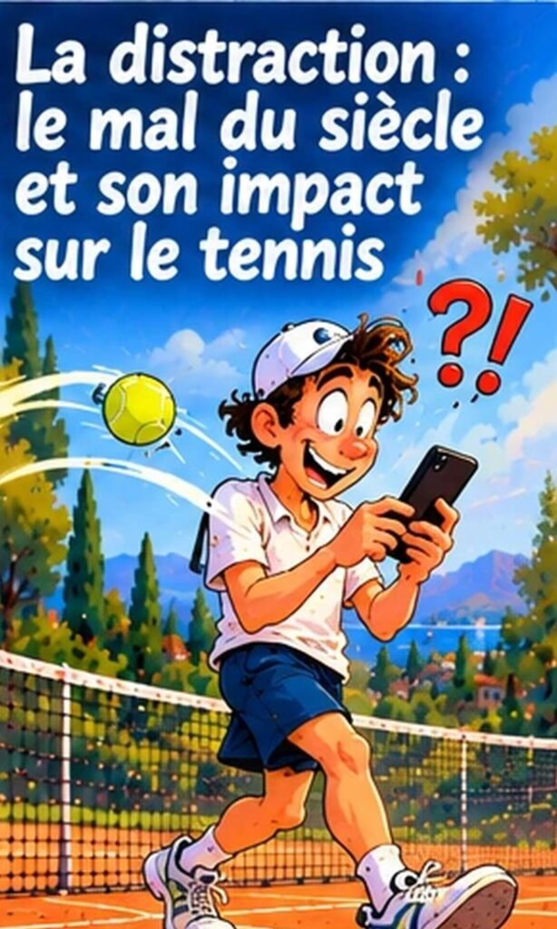 Joueur de tennis cartoon distrait par son smartphone alors que la balle arrive, la distraction et son impact sur le tennis