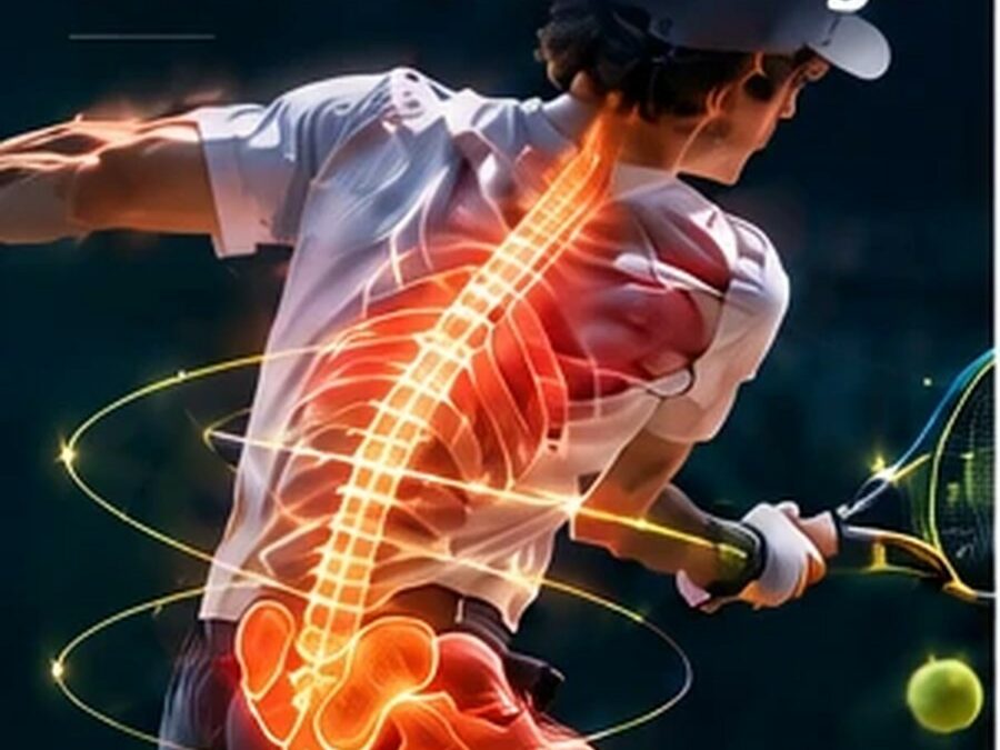 Joueur de tennis en pleine frappe avec une colonne vertébrale lumineuse, efficience et efficacité du geste