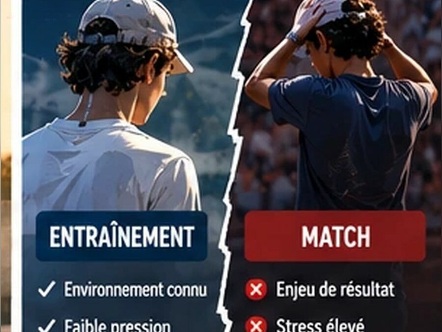 Infographie comparant entraînement et match avec deux joueurs, pourquoi tu joues bien à l’entraînement mais pas en match