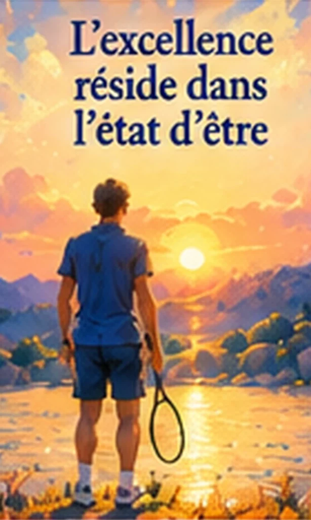 Joueur de tennis de dos avec sa raquette face à la mer au coucher du soleil, l’excellence réside dans l’état d’être