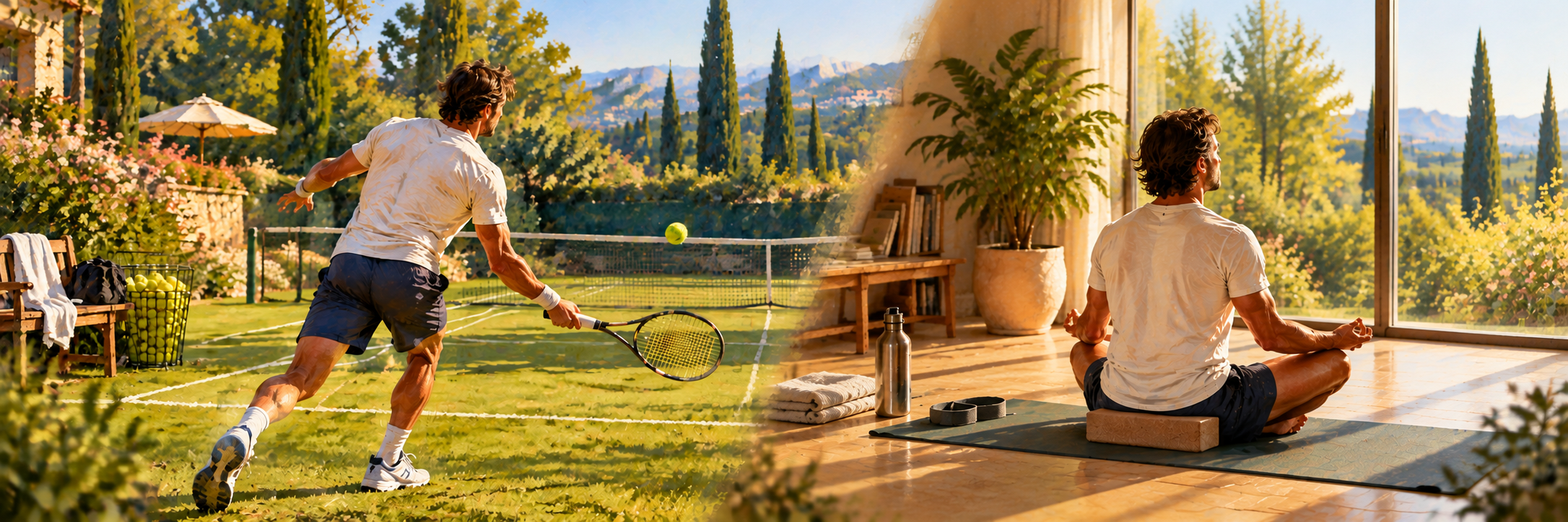 Formation tennis en ligne : tennis sur gazon et yoga à la maison devant une baie vitrée