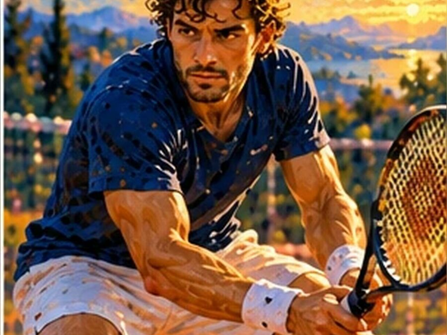 Joueur de tennis fléchi en position d’attente, concentré, intense mentalement et calme physiquement