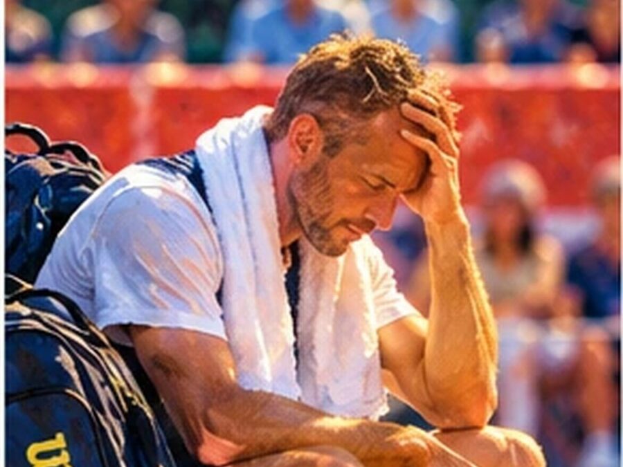 Joueur de tennis assis la tête dans la main, serviette sur les épaules, pourquoi ton jeu se bride en match
