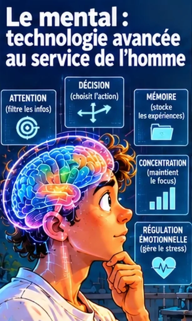 Jeune joueur pensif avec un cerveau lumineux et des schémas, le mental comme technologie avancée au service du tennis
