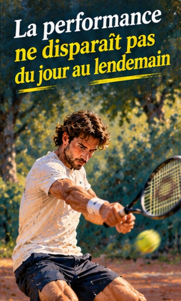 Joueur de tennis en plein coup droit sur terre battue, la performance ne disparaît pas du jour au lendemain