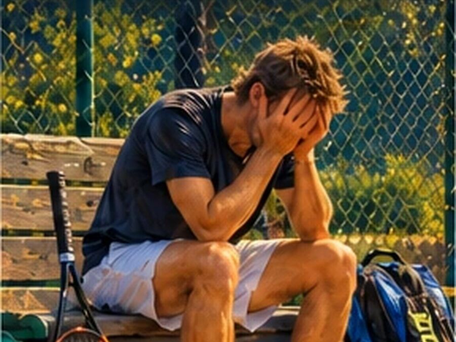 Joueur de tennis la tête dans les mains sur un banc, les pièges du mental en compétition, stress, doute et colère