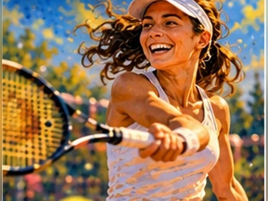 Joueuse de tennis souriante en plein coup droit, retrouver le plaisir de jouer au tennis sans objectif de classement