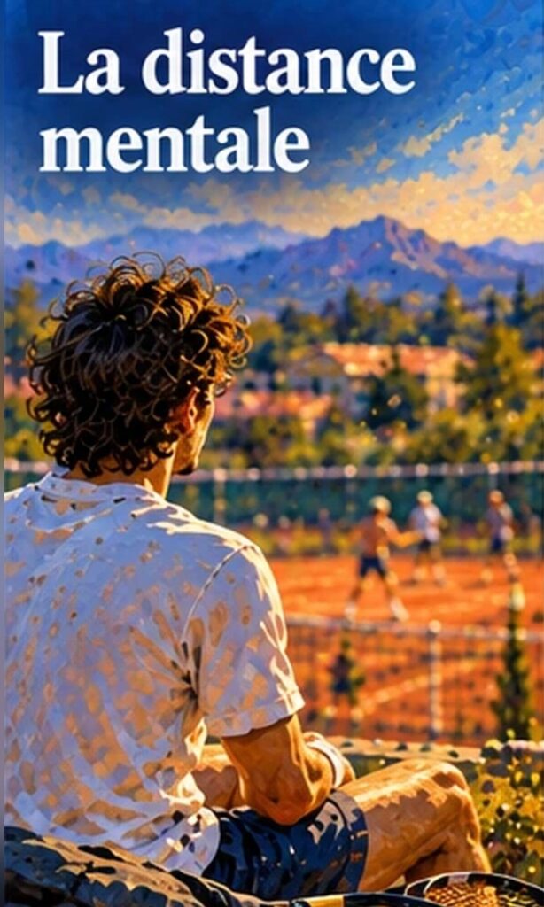 Joueur de tennis assis de dos qui observe des joueurs sur terre battue, progresser au tennis à distance