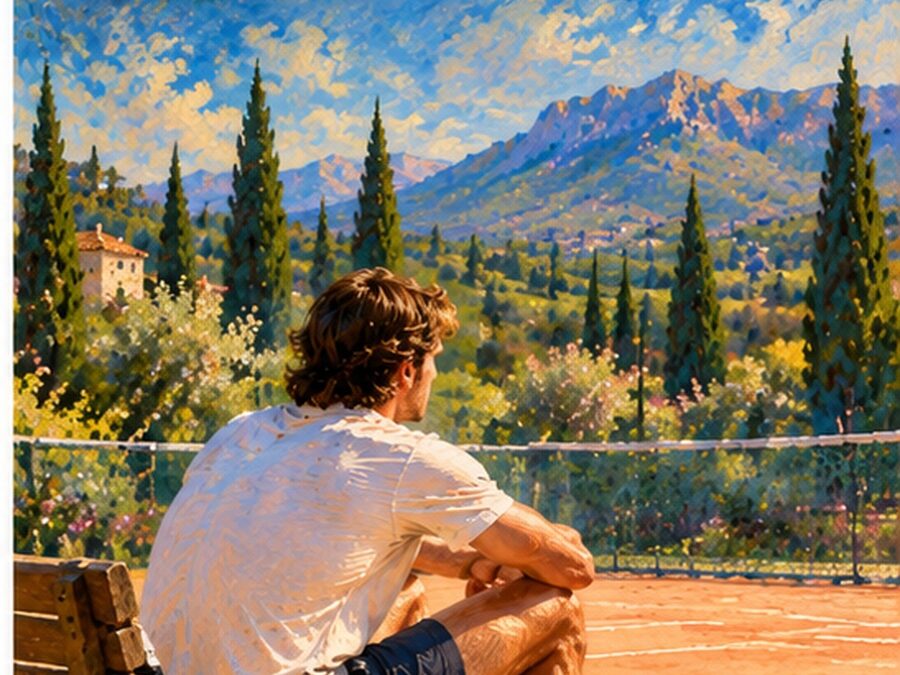 Joueur de tennis assis de dos sur un banc au bord du court avec des balles au sol, ralentir pour mieux jouer