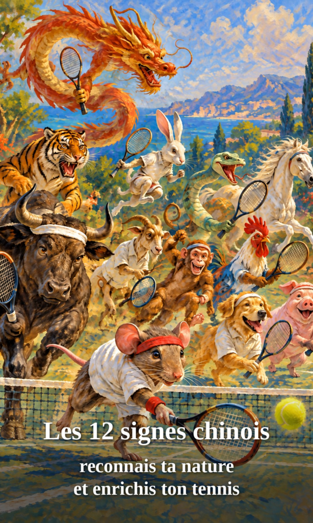 Les douze animaux du zodiaque chinois jouent au tennis : le rat plonge sur la balle devant le dragon, le tigre et le bœuf