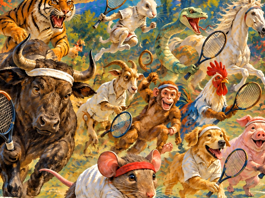 Les douze animaux du zodiaque chinois jouent au tennis : le rat plonge sur la balle devant le dragon, le tigre et le bœuf