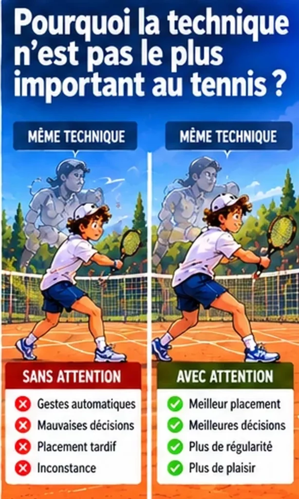 Infographie de deux joueurs de tennis avec la même technique, avec ou sans attention, sur l’importance de la technique