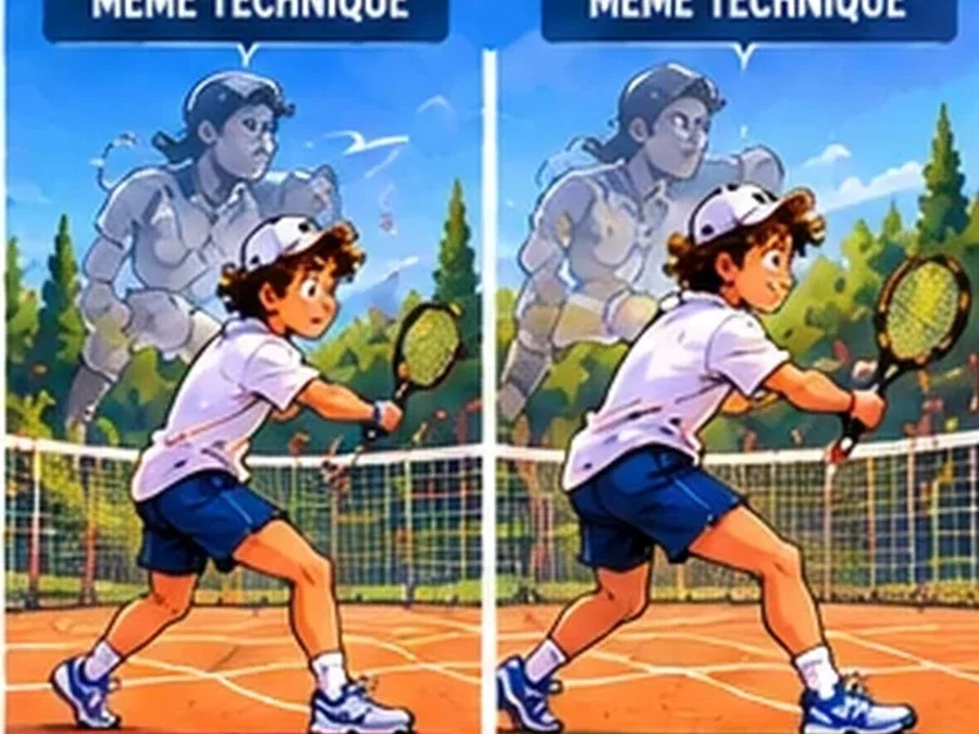Infographie de deux joueurs de tennis avec la même technique, avec ou sans attention, sur l’importance de la technique