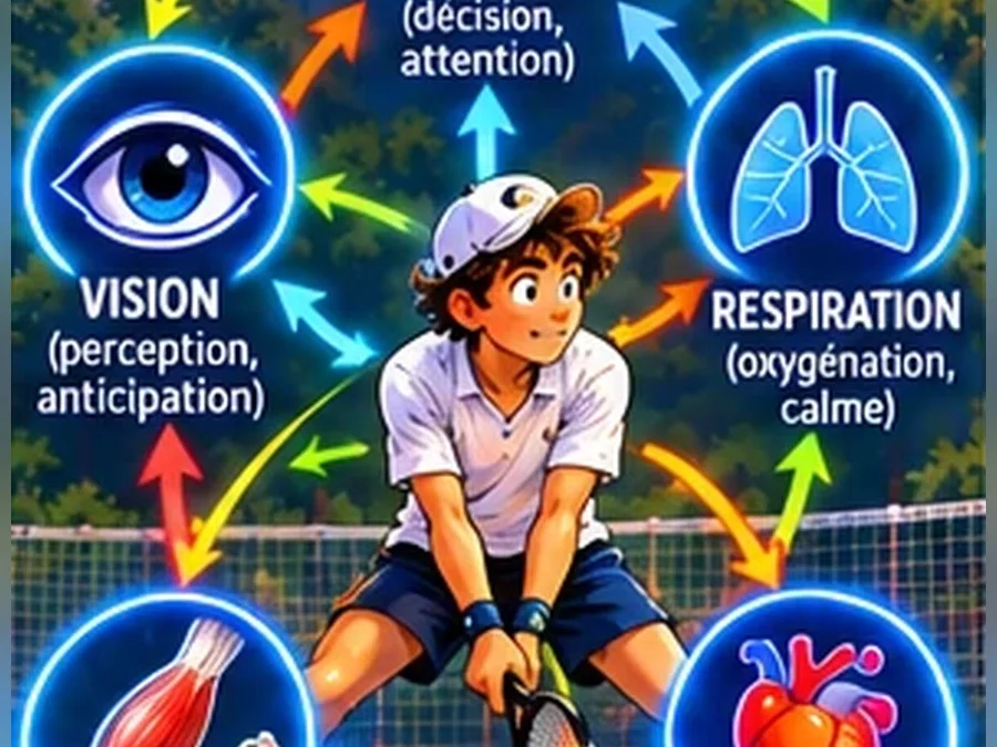 Joueur cartoon au centre d’un schéma reliant cerveau, vision, respiration, muscles et émotions, tout est lié au tennis