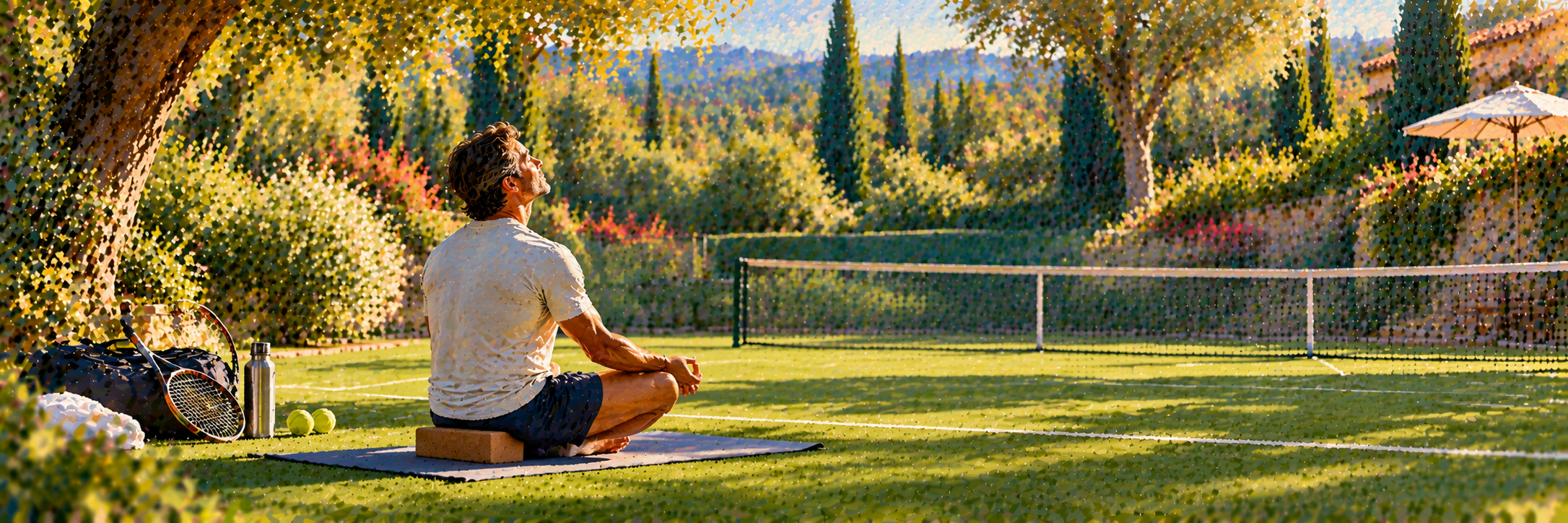 Yoga et respiration pour le tennis : le joueur est assis sur un bloc de yoga au milieu d’un court en gazon